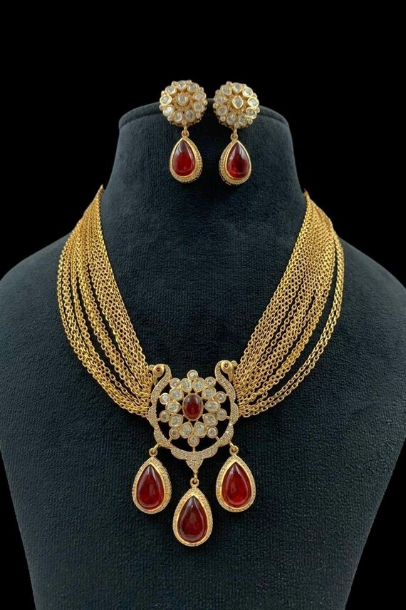 Moissanite Polki Ruby Doublet Pendant Necklace Set | 24K Gold Plated Indian Bridal Jewelry | Handmade Ethnic Wedding Set