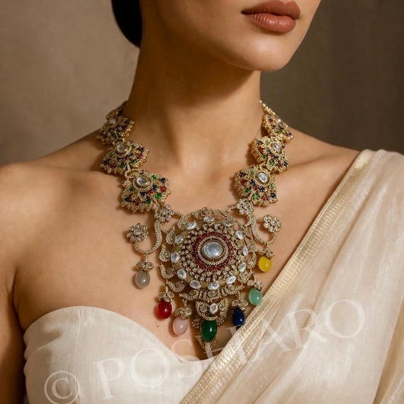 Victorian Kundan Polki Necklace Set | Multicolor Bridal Statement Jewelry | Royal Gold Finish
