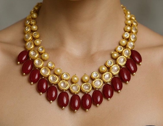 Kundan Red Beaded Necklace Set: Gold Plated Minakari Indian Jewelry