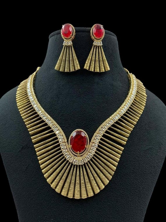 Micro Gold Plated Matte Finish Egyptian-Inspired Necklace Set with Ruby Doublet Center | Statement Bridal Jewelry Set