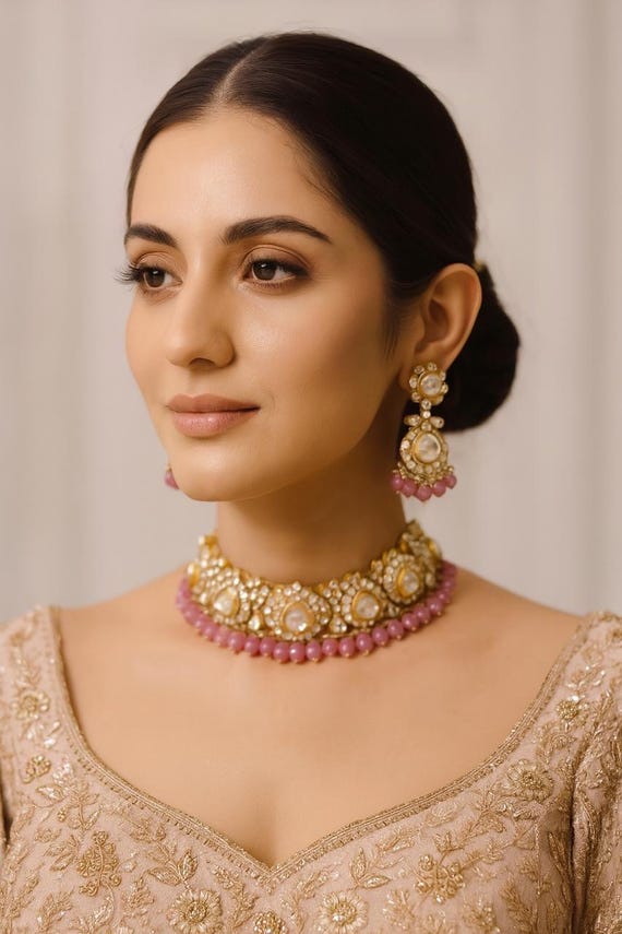 18K Gold Plated 925 Silver Kundan Necklace Set: Indian Bridal Jewelry