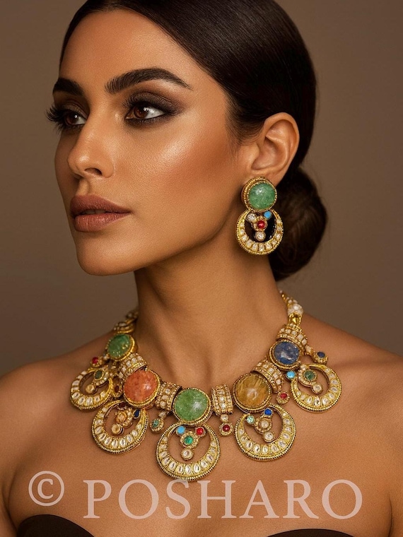 Statement Sabyasachi Inspired Multi-Stone Polki Choker Necklace Set – Handcrafted Luxury