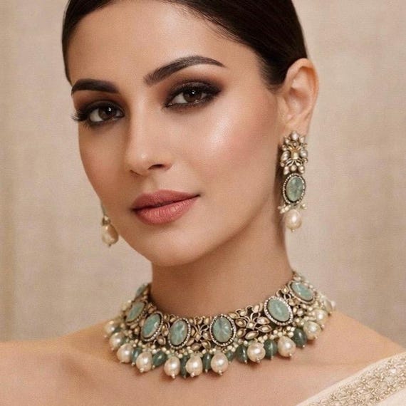 Moissanite Polki Choker Necklace Set: Gold Plated Baroque Pearls & Mint Green Stones