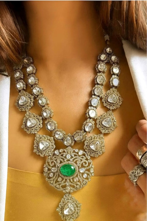 Royal Polki Kundan Necklace Set | Bridal Statement Jewelry | Green Stone Emerald Necklace | Moissanite Wedding Jewelry | Bollywood Inspired