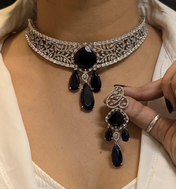 Sabyasachi Inspired CZ blue sapphire doublet stone premium quality choker jewelry set, earrings, American Diamonds , next to real diamonds
