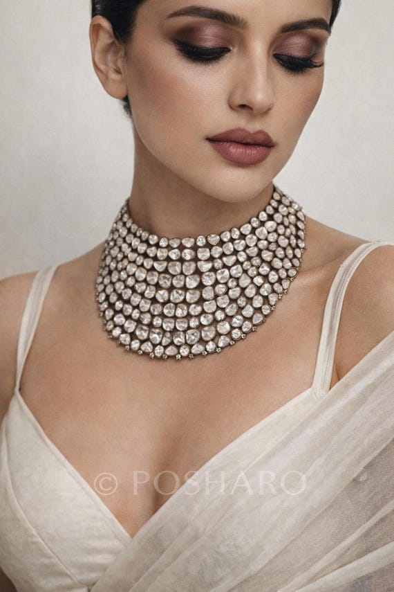 Victorian Black Rhodium Plated Uncut Kundan Choker Set, Polki Statement Bridal Necklace, Antique Victorian Indian Jewelry, Luxury Wedding