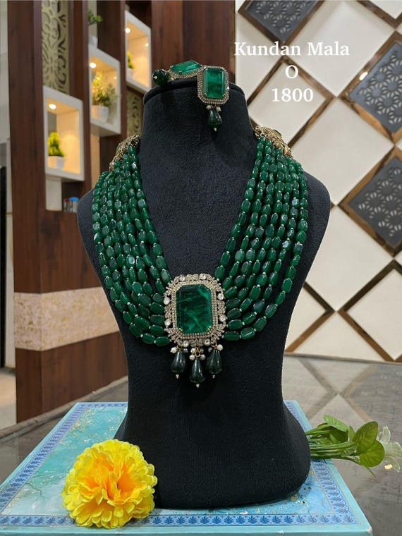 Bollywood Moissanite Green Emerald Polki Sabyasachi Inspired Necklace Set /Reception victorian Bridal Choker Set