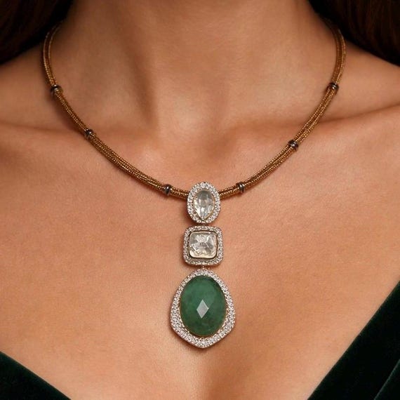 Emerald Doublet Polki Statement Necklace Set: 999 Silver Foil Polki Jewelry with Earrings