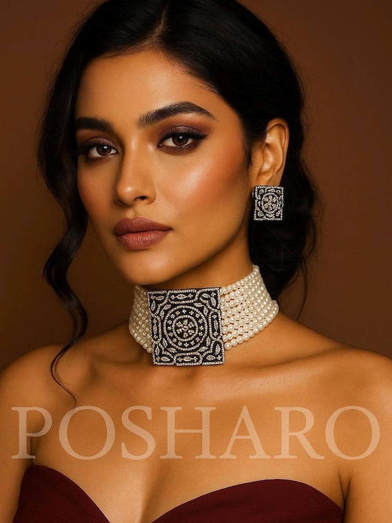 Luxury Pearl Sabyasachi inspired Choker with Statement Studs | Premium Polki Design | Bridal / Festive Jewelry | POSHARO