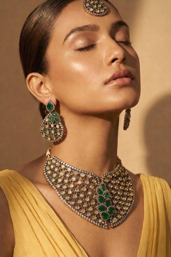 Moissanite Polki Emerald Choker Set – Luxury Bridal Statement Necklace