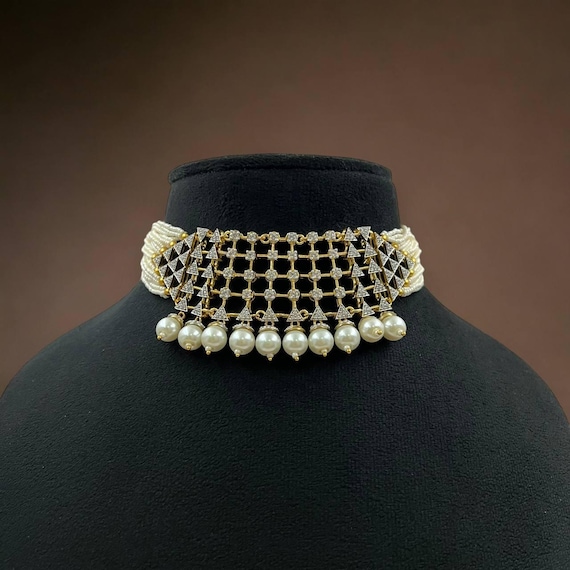 Sabyasachi-Inspired Indian Bollywood Choker Necklace Set | 18k Gold Plated | Cubic Zirconia & Freshwater Pearls | Bridal Jewelry | Statement