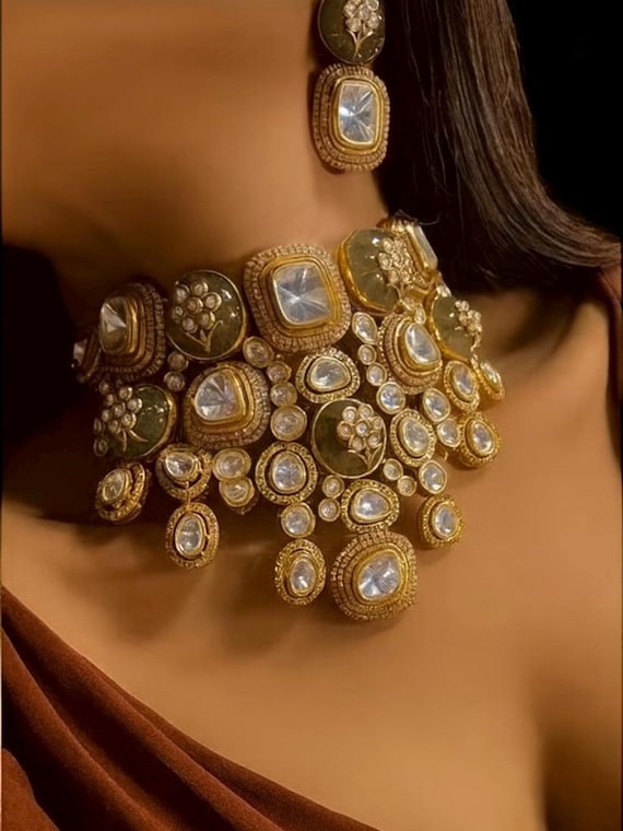 Polki Kundan Bridal Necklace Set: Uncut Style, Antique Gold Finish