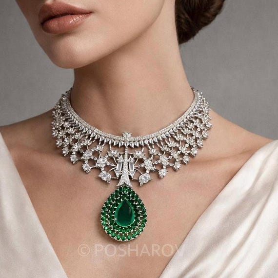 Emerald Green Teardrop Statement Necklace Set | Silver Finish Bridal Jewelry