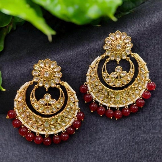 Sabyasachi Inspired Bollywood Chaandbali Earrings | Indian Kundan Polki Jewelry | Gold Plated with 999 Silver Foil | Red Ruby Earrings