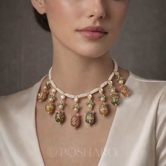 Gold Plated Pastel Bead Necklace Set: Bollywood Inspired Jewelry