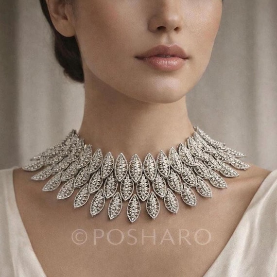 Silver CZ Leaf Choker Necklace Set – Bridal Statement Jewelry, Marquise Leaf Design