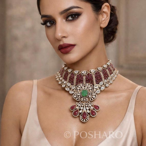 Sabyasachi inspired Polki Kundan Choker Necklace Set with Ruby & Emerald Accents | Handcrafted Indian Bridal Jewelry | Gold Plated