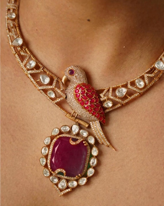 Red Ruby Parrot Kundan Necklace Set | Indian Bridal Gold Plated Jewelry