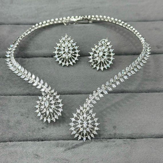 Sabyasachi-Inspired CZ Cubic Zirconia Silver Hasli Necklace Set | Indian Bridal Necklace with Earrings | American Diamond Jewelry Set