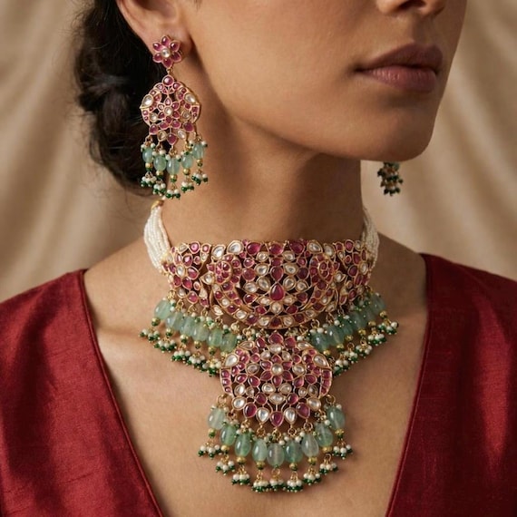 Moissanite Jadau Polki Choker Necklace Set: Sabyasachi Inspired Bridal Jewelry, 18k Gold-Plated