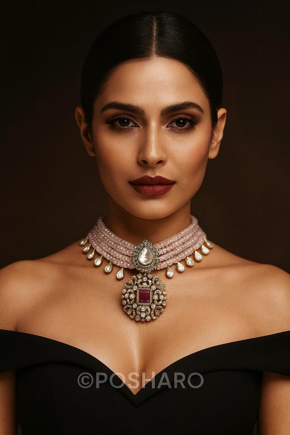 Blush Pink Beaded Kundan Choker Set | Bridal Jewelry | Rose Quartz Look | Polki Pendant | Wedding & Festive Jewelry | POSHARO