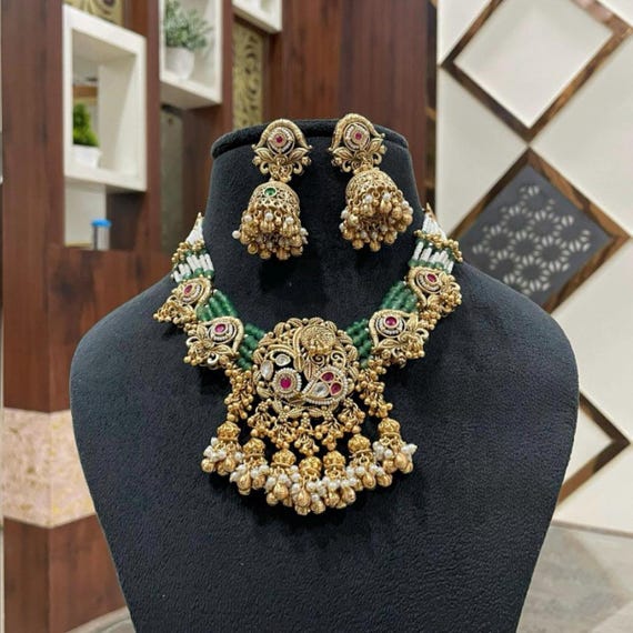 Sabyasachi Inspired indo western semi precious rubies 24k Gold Plated polki necklace set with filigree elegance jewellery set