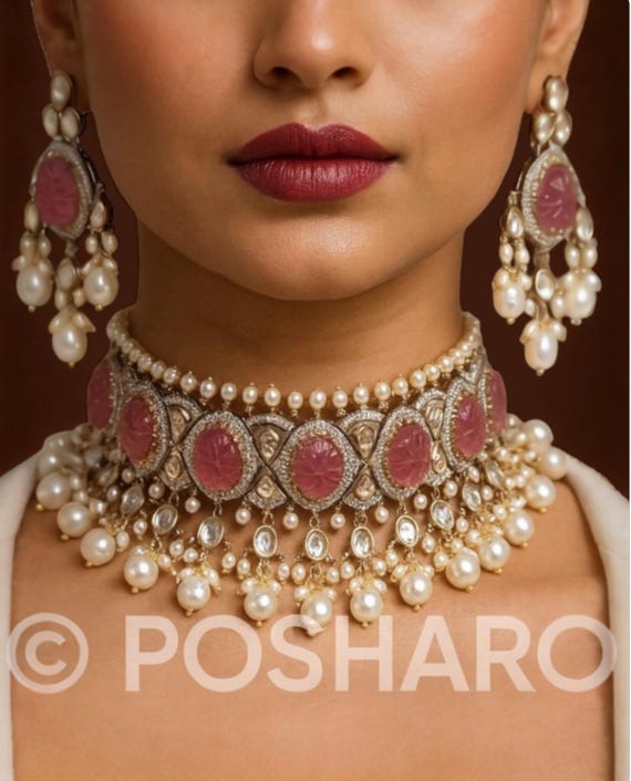 Gold Plated Polki Choker Necklace Set: Pink Stones, Pearls, Kundan
