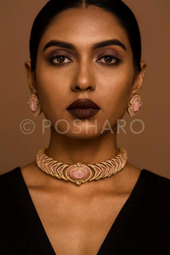 Pink Moissanite Choker Necklace with Semi-Precious Doublet Stones | Handmade Indian Bridal Jewelry | Ethnic Wedding Choker