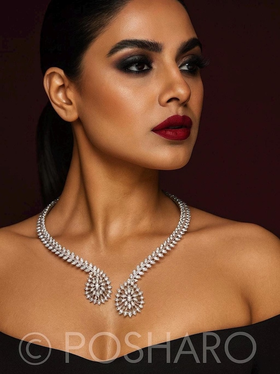 CZ Silver Hasli Necklace Set: Indian Bridal Jewelry