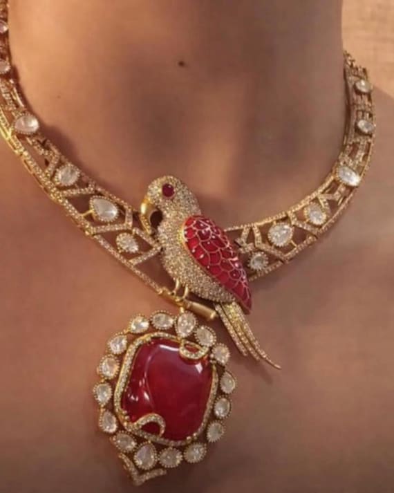 Red Ruby Parrot Motif Moissanite Polki Necklace Set | Handcrafted Indian Bridal Jewelry | Gold Plated Kundan Set