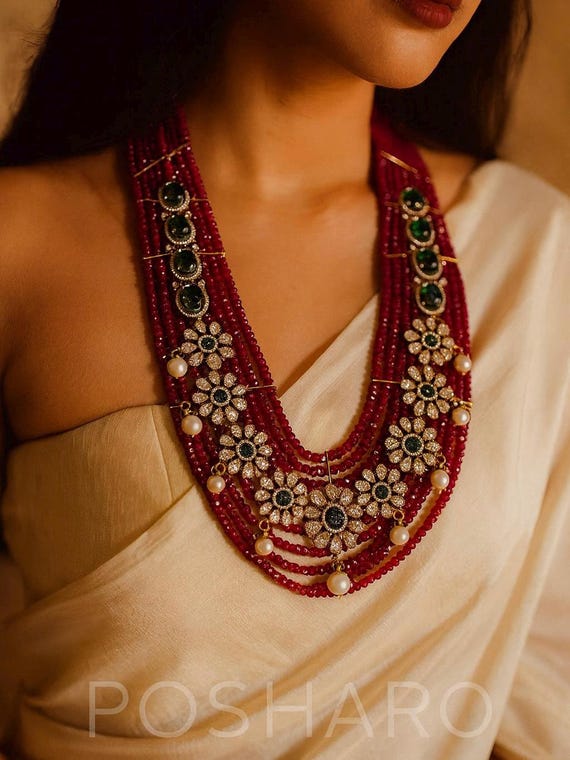 Moissanite Kundan Long Haram Necklace Set with Ruby Beads & Emerald Accents | Bridal Wedding Jewelry With Earrings Sabyasachi Inspired