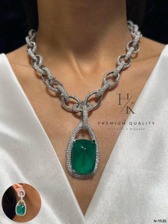 Sabyasachi Inspired CZ Emerald Jewelry Set: American Diamond Necklace & Earrings