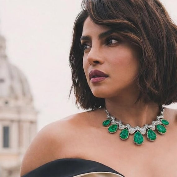 Bollywood Priyanka Chopra Sabyasachi Inspired natural green emerald CZ cubic zirconia premium quality jewelry set, necklace with earrings