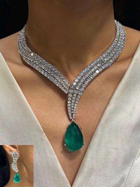 Sabyasachi Inspired CZ zirconia green emerald premium quality jewelry set, with earrings, American Diamonds Set, next to real diamonds
