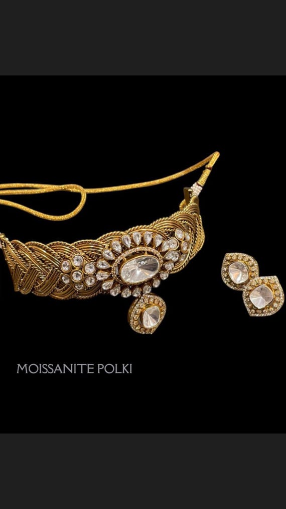 Moissanite Polki Gold-Toned Bridal Choker Necklace Set | Indian Wedding Jewelry | Handcrafted Ethnic Jewelry with Earrings