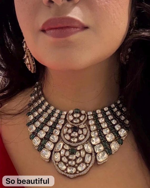 Green Polki Kundan Choker Necklace Set | Statement Bridal Jewelry | Traditional Indian Wedding Necklace | Luxe Gold Finish