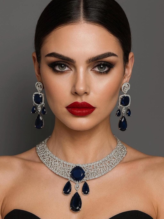 Sabyasachi Inspired CZ Choker Set: Blue Sapphire Doublet & American Diamond Earrings