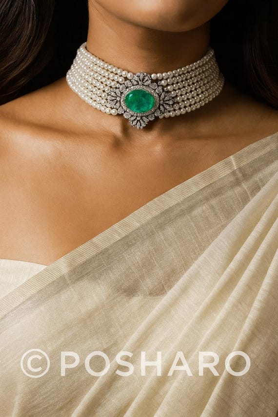 Elegant Pearl & CZ Emerald Choker Necklace Set | Statement Bridal Jewelry