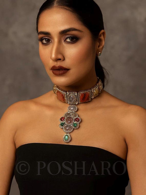 Multicolored Fusion Gemstones Moissanite Polki Choker and Earrings: Indian Bridal Jewelry