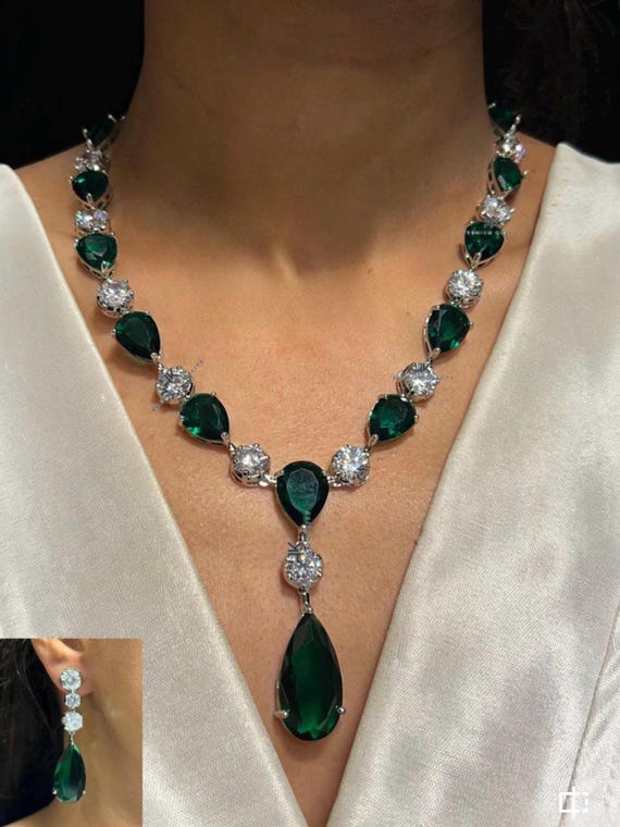 Sabyasachi Inspired CZ zirconia green emerald premium quality jewelry set, with earrings, American Diamonds Set, next to real diamond s