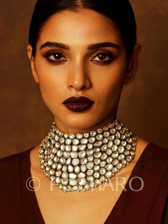 Diamond Sabyasachi Inspired bridal Choker with Studs/Uncut Kundan victorian  necklace/Indian Reception jewelry/Modern Polki Diamond Choker