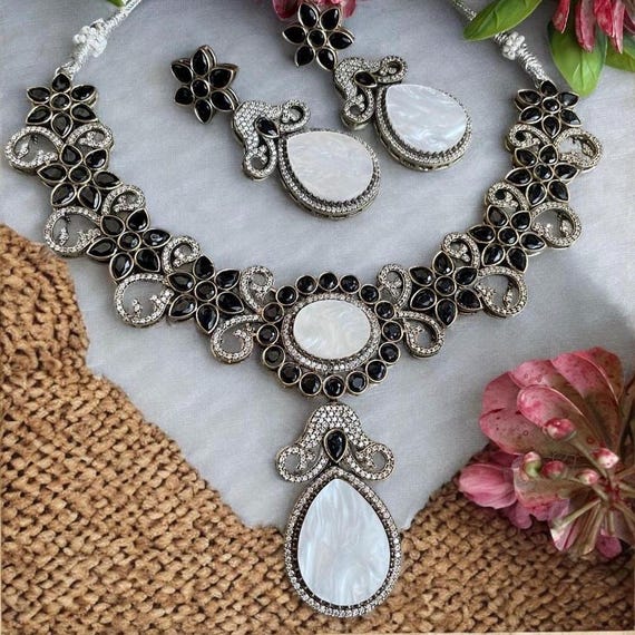 Indian Bollywood Traditional Sabyasachi Inspired Gold Plated white and black stone necklace set jewellery set or necklace with earrings
