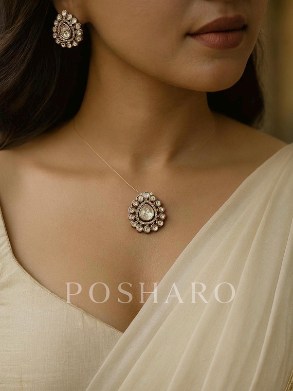 Elegant Moissanite Polki Pendant Necklace Set Victorian Finish Invisible Wire Necklace with Matching Studs