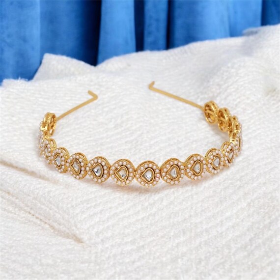 Indian traditional White and gold kundan hair band for women