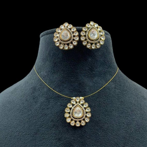 Elegant Moissanite Polki Pendant Necklace Set Victorian Finish Invisible Wire Necklace with Matching Studs