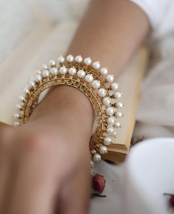 Bollywood Fashion Sabyasachi inspired gold plated fresh water pearl traditional bangles kdha or kangans Size 2.4