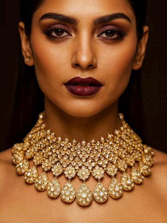 Moissanite uncut Polki Kundan Choker Set: Victorian Gold-Plated Indian Jewelry