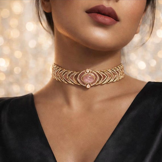 Blush Pink Crystal Choker Necklace Set – Rose Quartz Inspired Statement Choker with Earrings | Modern Bridal Jewelry