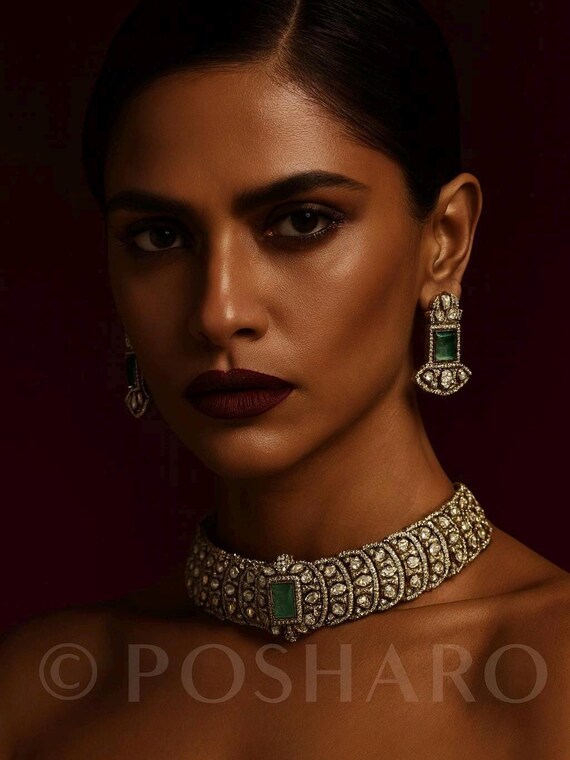 Pastel Green Victorian Choker Set: Moissanite Polki, Gold Plated Bridal Jewelry