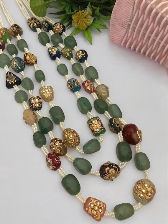 Green Aventurine Beaded Necklace with Multicolor Meenakari Accents | Handcrafted Indian Jewelry | Bohemian Layered Necklace